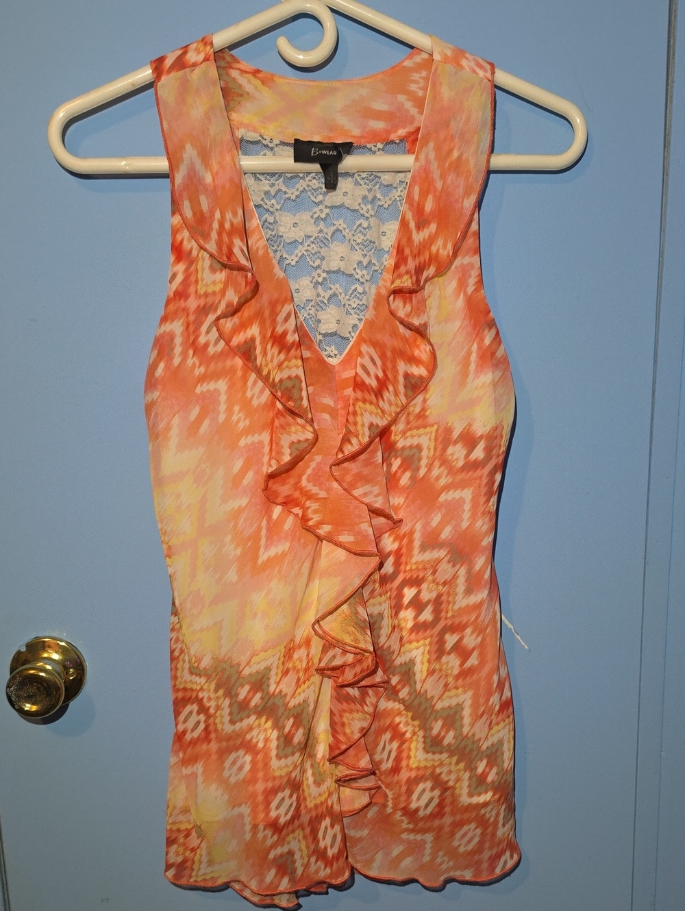Bwear Orange and Cream Ruffle Front Camisole with Lace Back